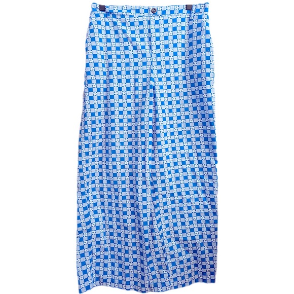 Blue Checkerboard Floral High Waist Wide Leg Pull On Pants Womens L - Picture 3 of 7